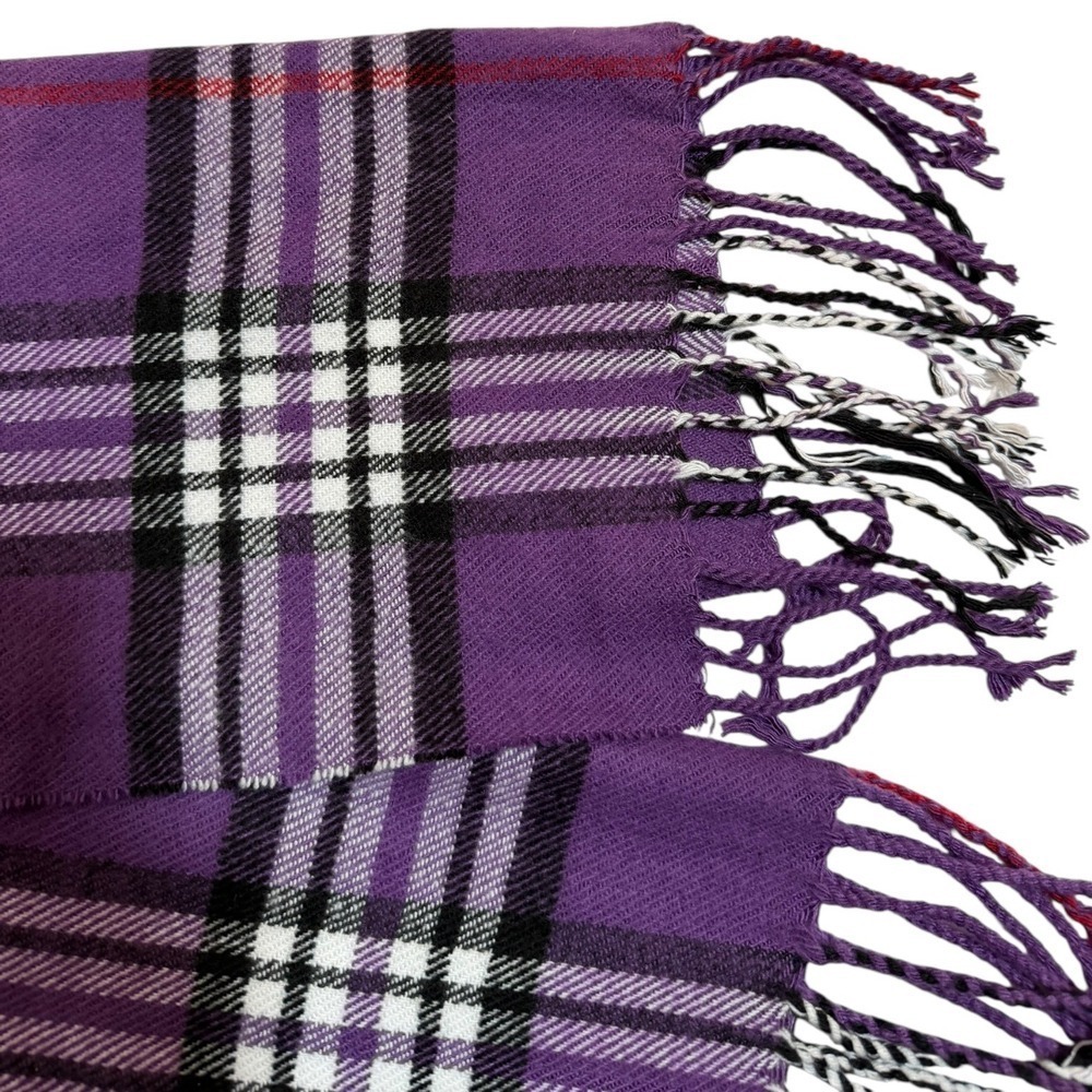Vintage 100% Cashmere Scarf Made in Scotland Purple Plaid Check Fringe Soft - Picture 4 of 6